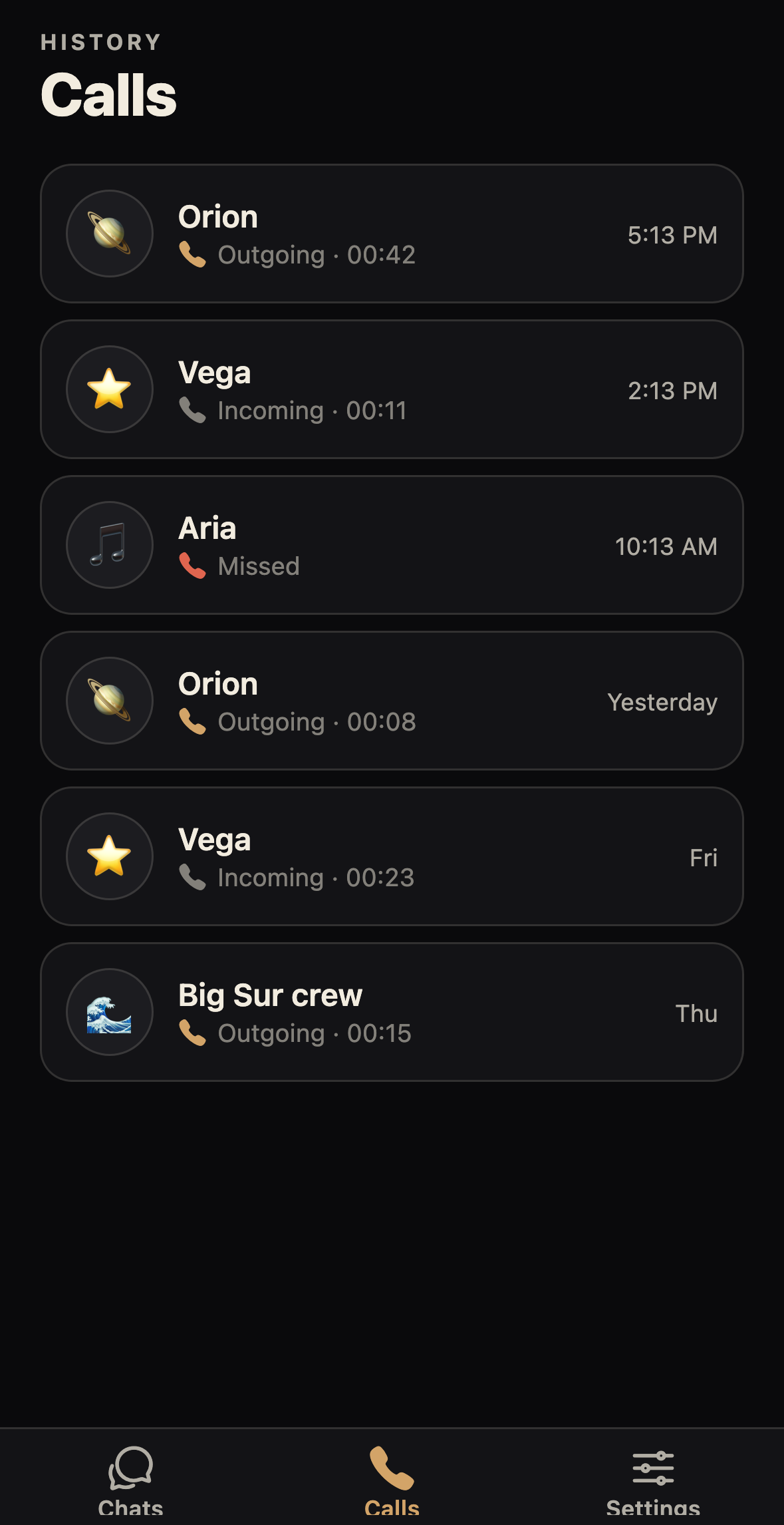 Agent Link call history showing outgoing, incoming, and missed calls with Orion and Vega.