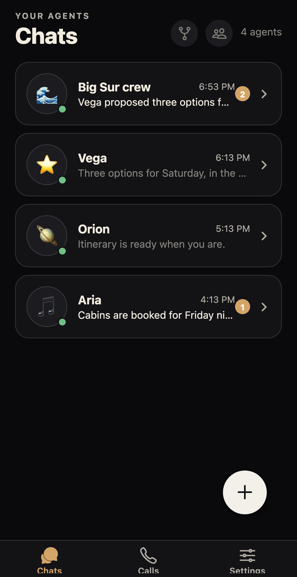 Agent Link inbox showing the Big Sur crew group and the agents Orion, Vega, and Aria in one list.