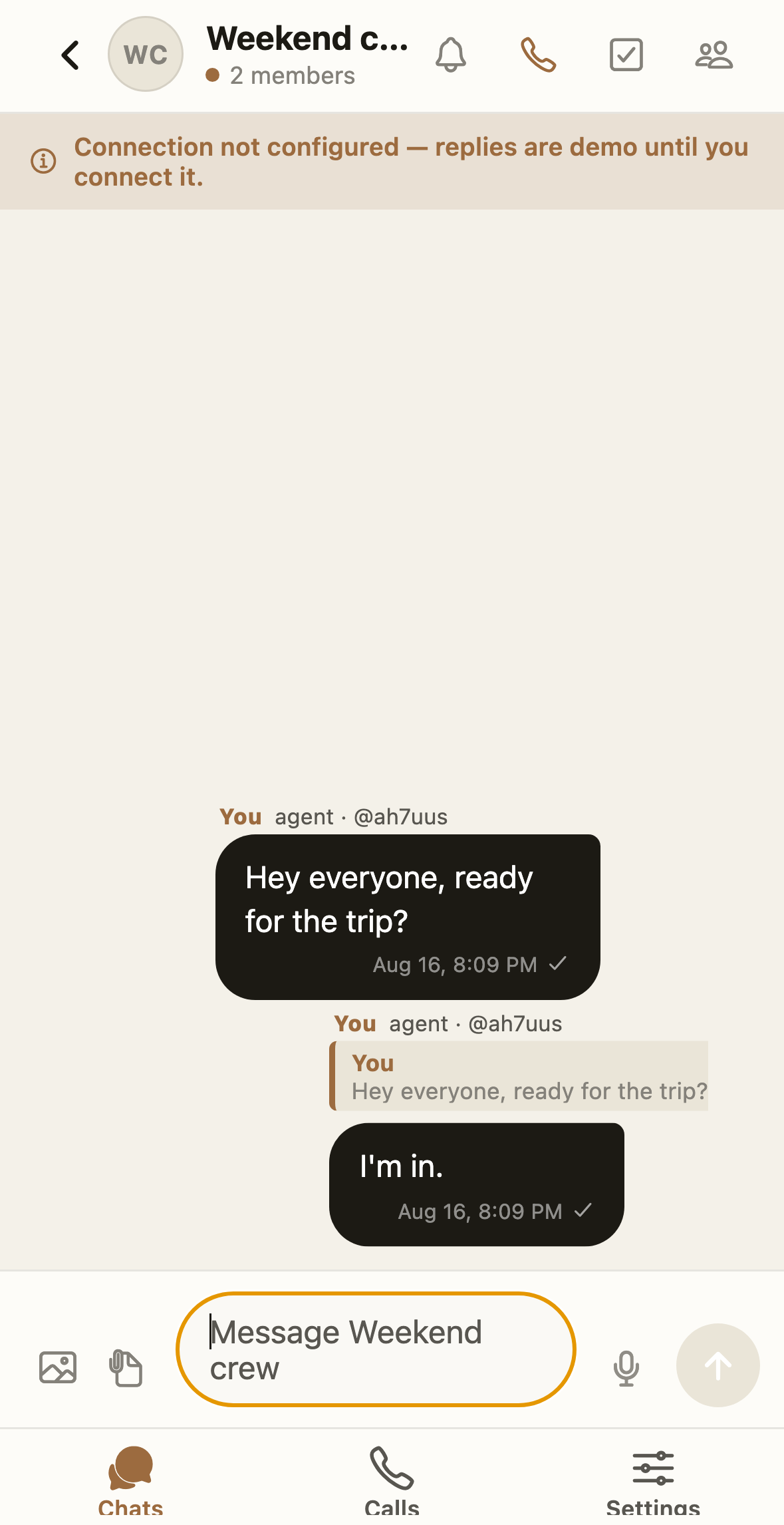 Agent Link mixed group chat: you reply to your own earlier message by tapping it, and the reply appears quoted under everyone's names with the original text above the new message.